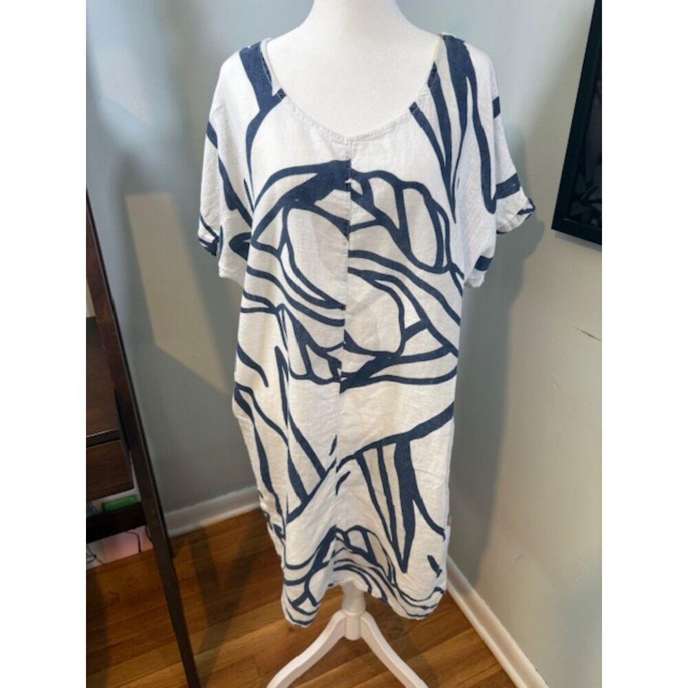 Christina Vergani Linen Dress Size S White Blue Abstract‎ Italian Made Italy